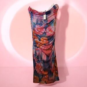 Anthropologie "The Soleil" Slim Strapless Ruched Mesh Dress Size L NWT Romantic